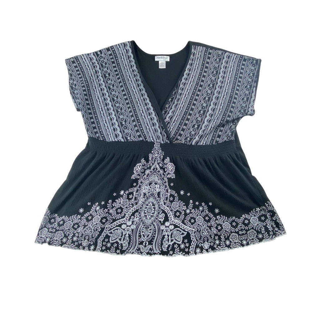 NorthStyle Womens 3X Black White Paisley Boho Smocked Empire Waist Tunic Top